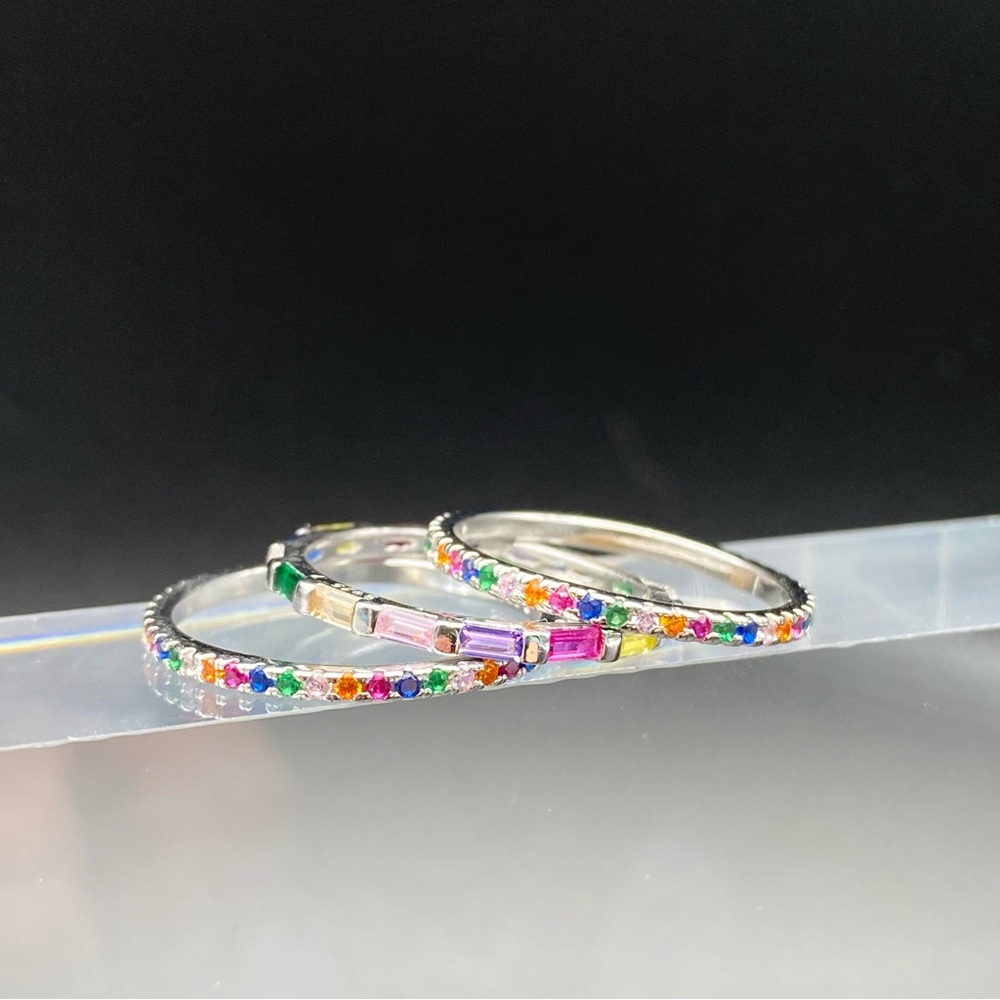 .925 Sterling Silver Multicolor Gemstone Eternity Band Rings - Picture 3 of 6